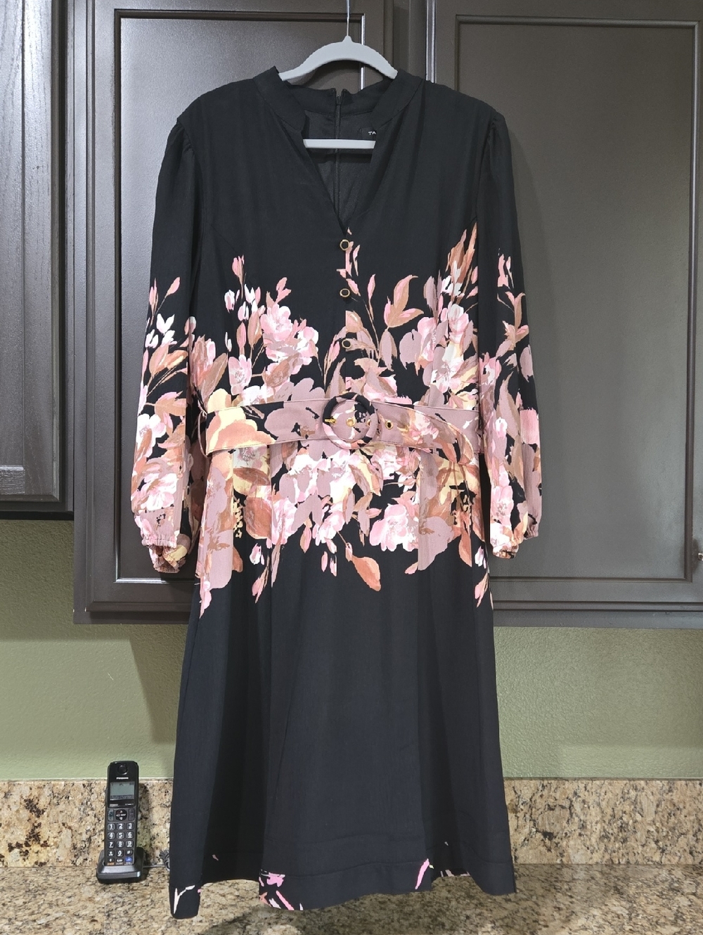 Tahari ASL Black Midi Dress with Pink and Peach Floral Print and Belt